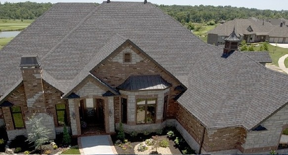 Aerial view of large residential shingle roof